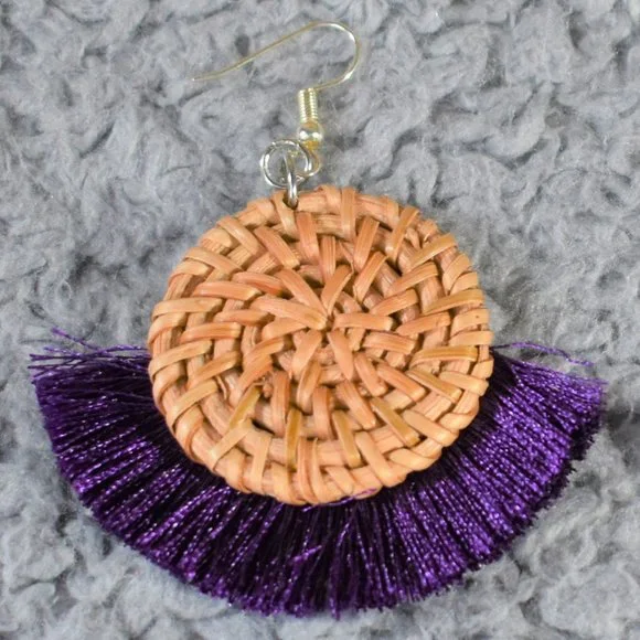 Boho Purple and Wicker Woven Earrings - Picture 7 of 7